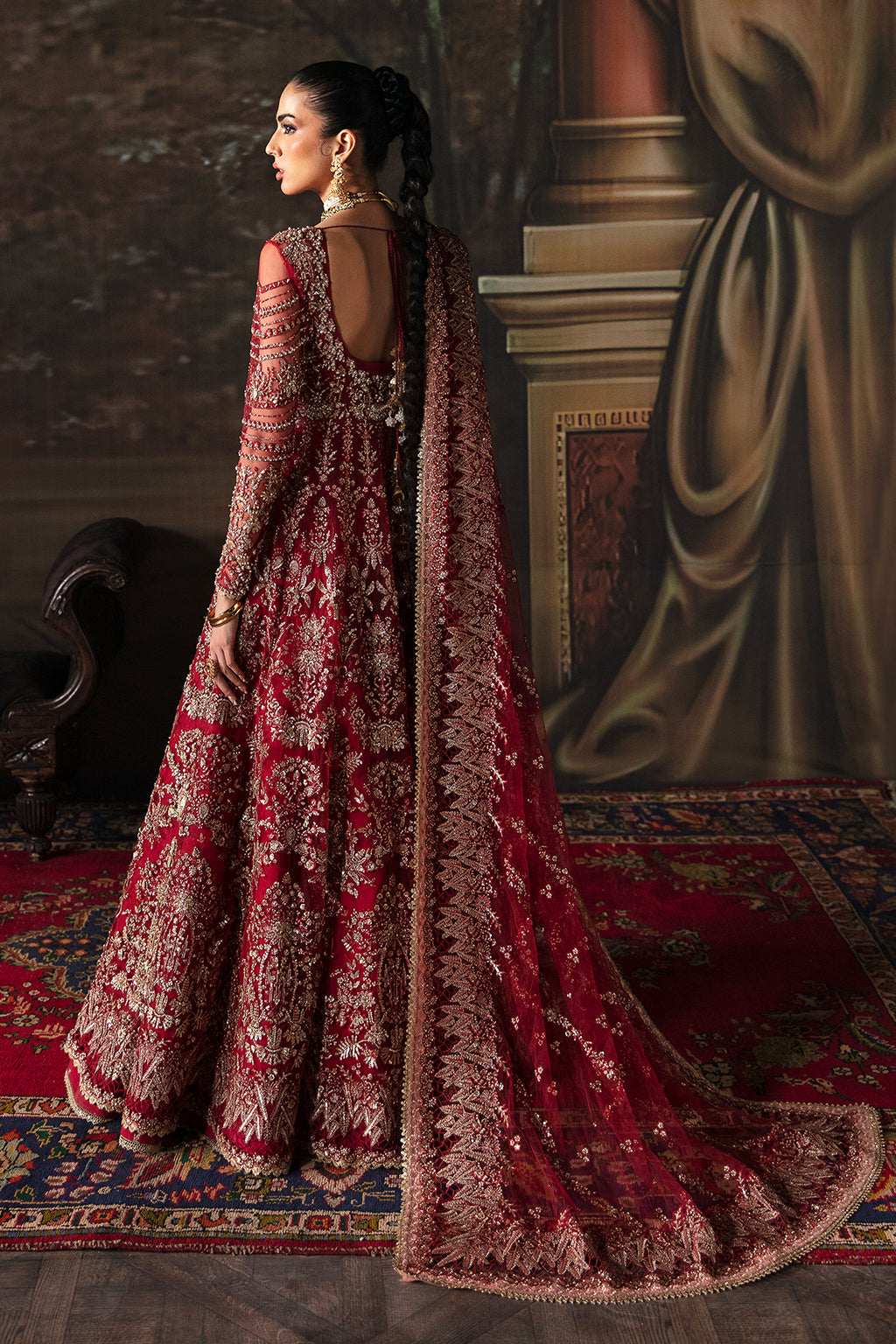 Golden Designer Pakistani Wedding Long Split Jacket with lehenga and  Embroidered Red Dupatta -